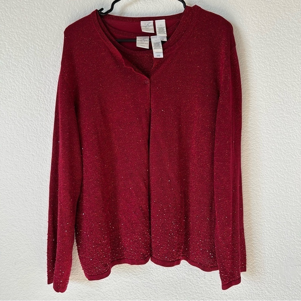 Liz Claiborne Emma James Cardigan, Sweater, Christmas Formal Silk Sparkling Red